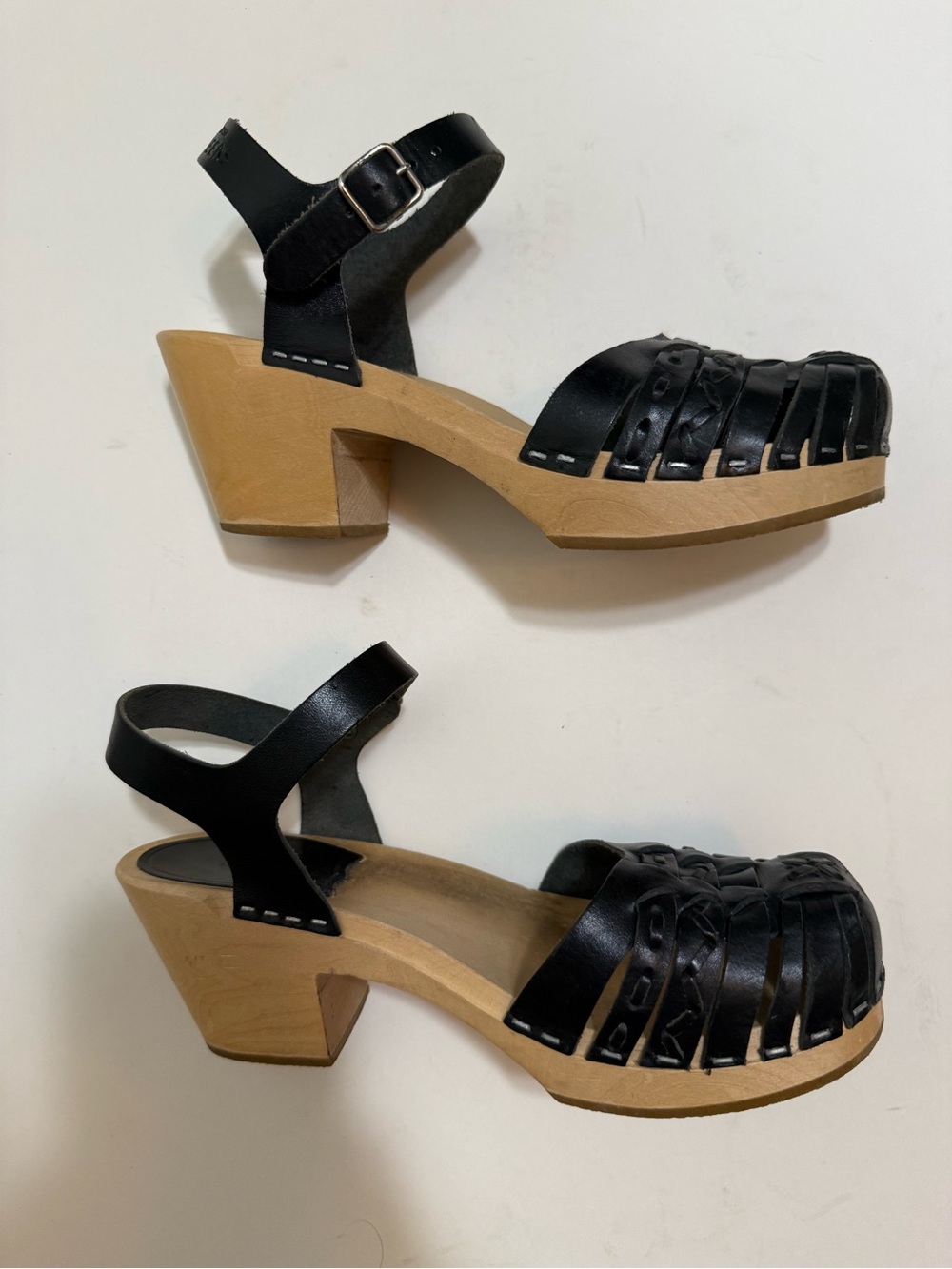 Swedish Hasbeens Black Leather Braided Heeled Clog Ankle Strap Sandal Size 7 - Picture 7 of 8